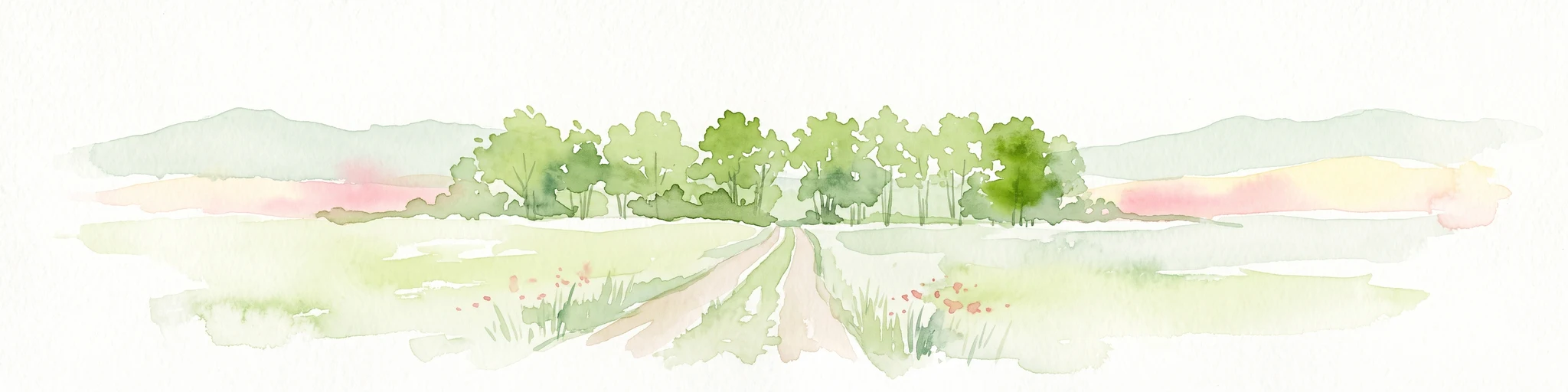 Watercolor illustration of a dirt path leading through green fields towards a distant line of trees and rolling hills against a white background.