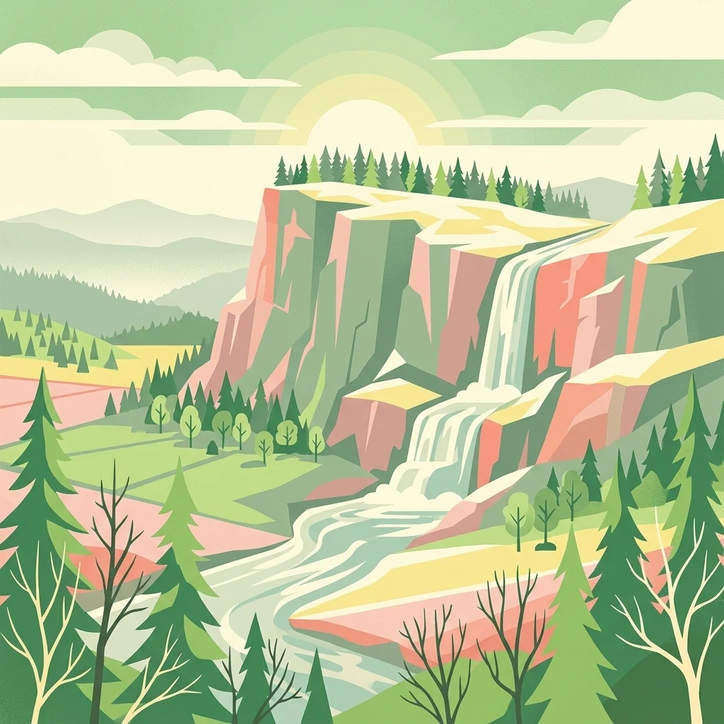A stylized vector illustration of a forested mountain valley with a tiered waterfall flowing over a cliff into a stream, featuring pine trees, distant hills, and a sunrise.