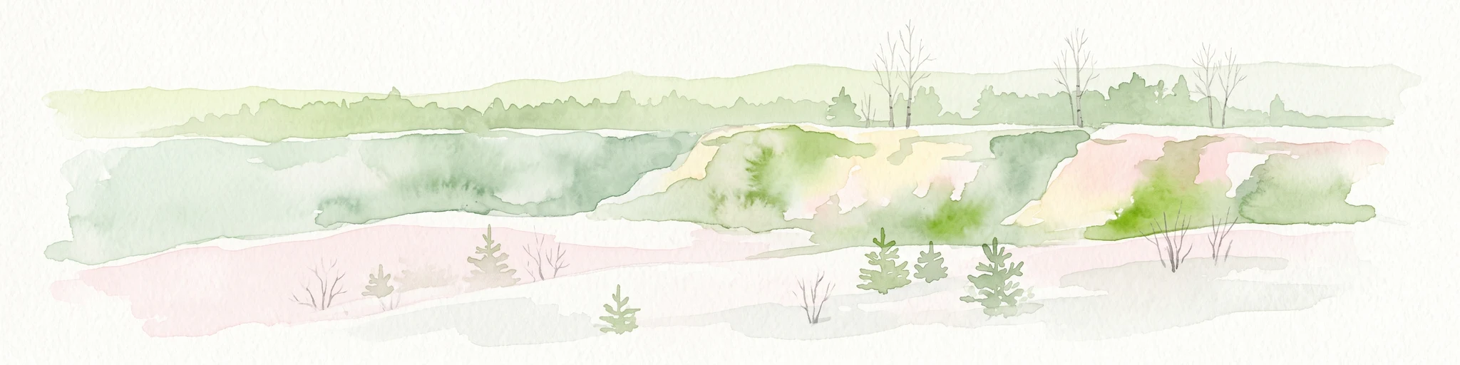 A soft watercolor painting of a rolling landscape with green hills, scattered trees, and pale, earthy foreground textures.