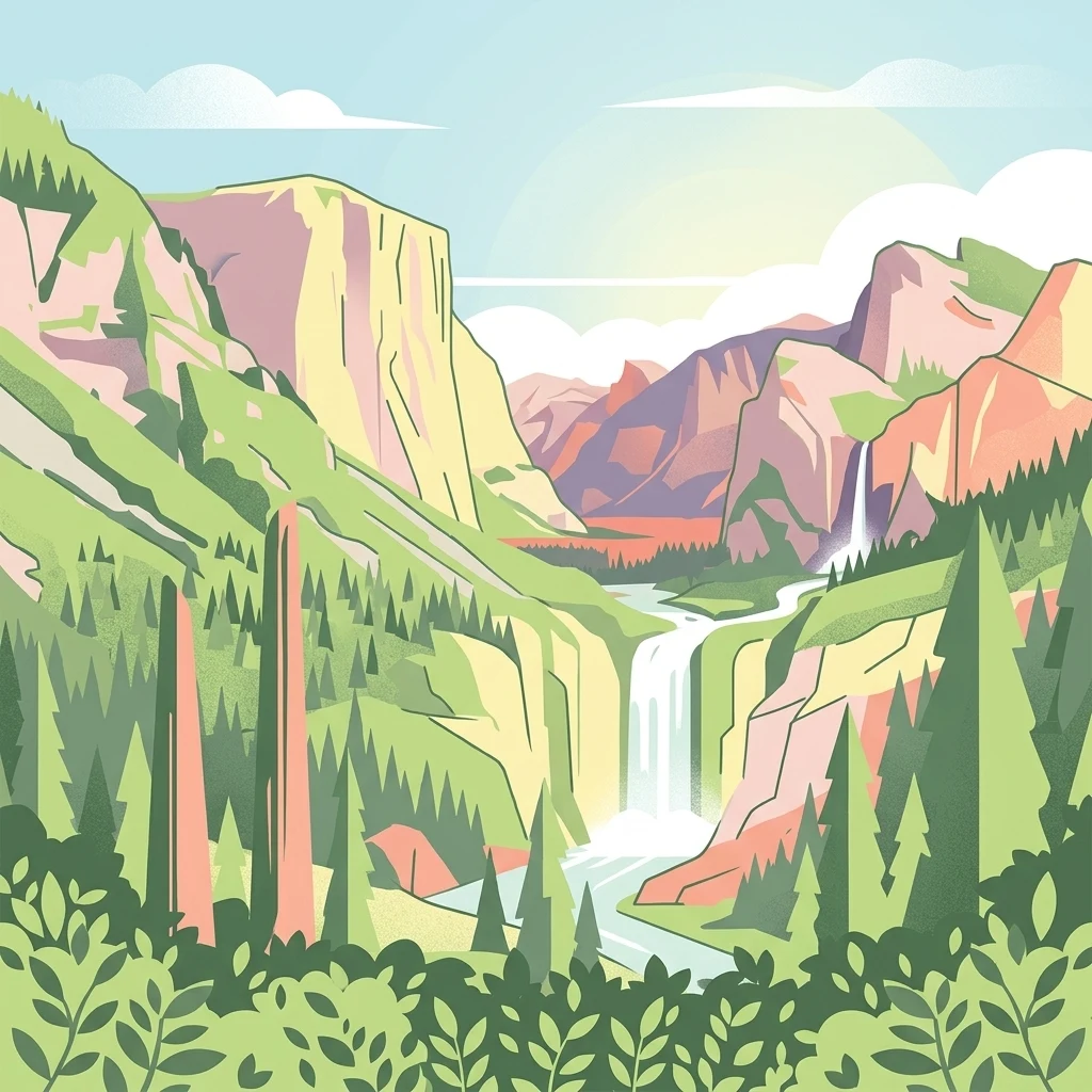 An artistic flat-design illustration showing a mountainous valley landscape with steep rock faces, coniferous trees, a cascading waterfall, and a river flowing through the center.