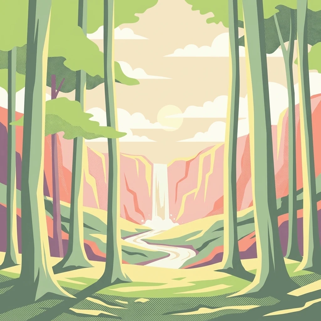 A flat-style digital illustration showing a view through tall tree trunks towards a distant canyon with a small waterfall flowing into a winding stream.