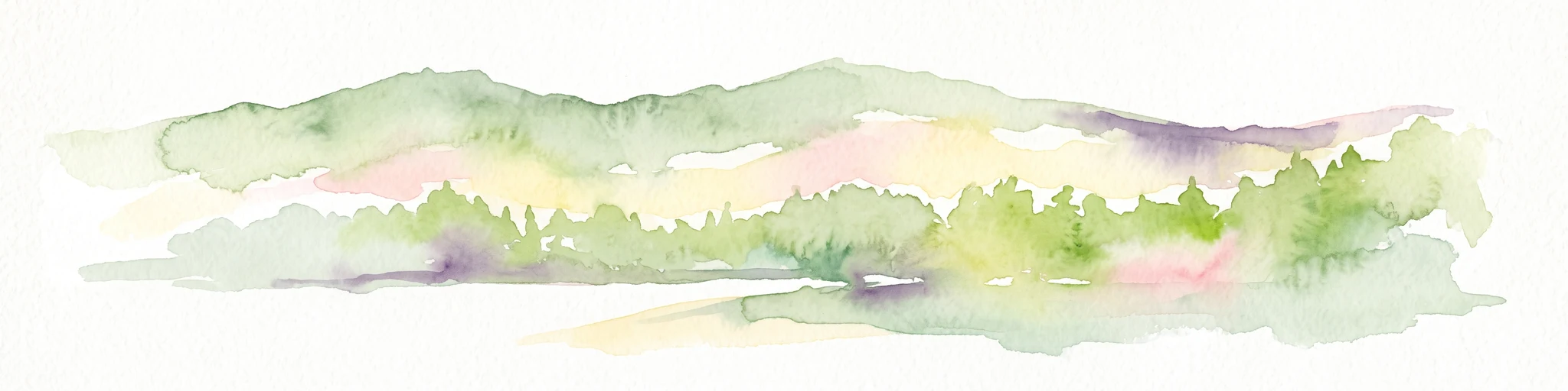 A soft watercolor painting of undulating green hills and forest foliage against a white background.