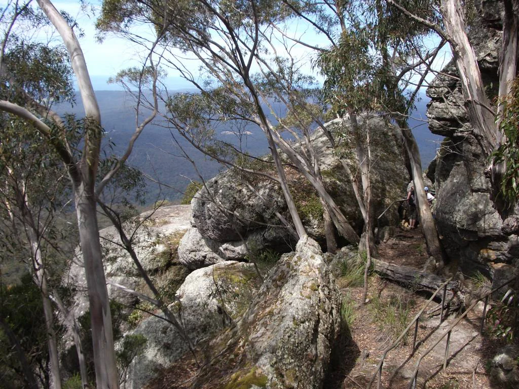 Rocallones, eucaliptos y cordilleras distantes visibles desde un mirador de gran altitud