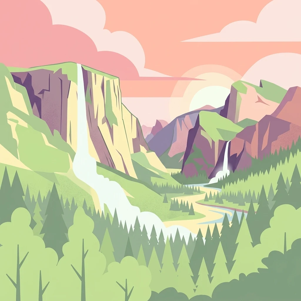 Una ilustración digital estilizada que muestra un valle rodeado de acantilados escarpados y bosques de pinos, con dos cascadas que desembocan en un río serpenteante bajo un sol poniente.