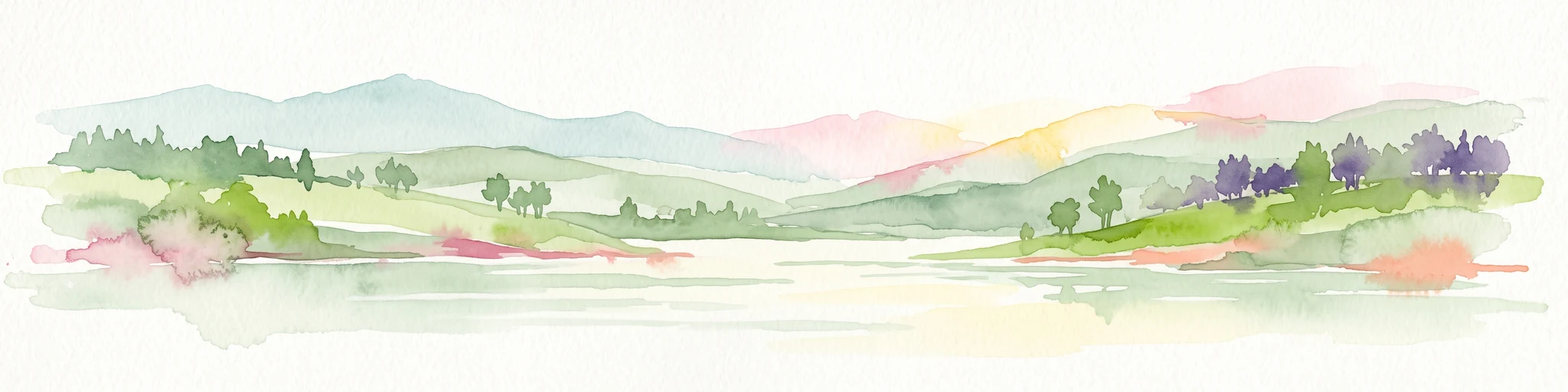 A watercolor painting of a calm body of water bordered by gentle rolling green hills and sparse trees under a soft, light-filled sky.