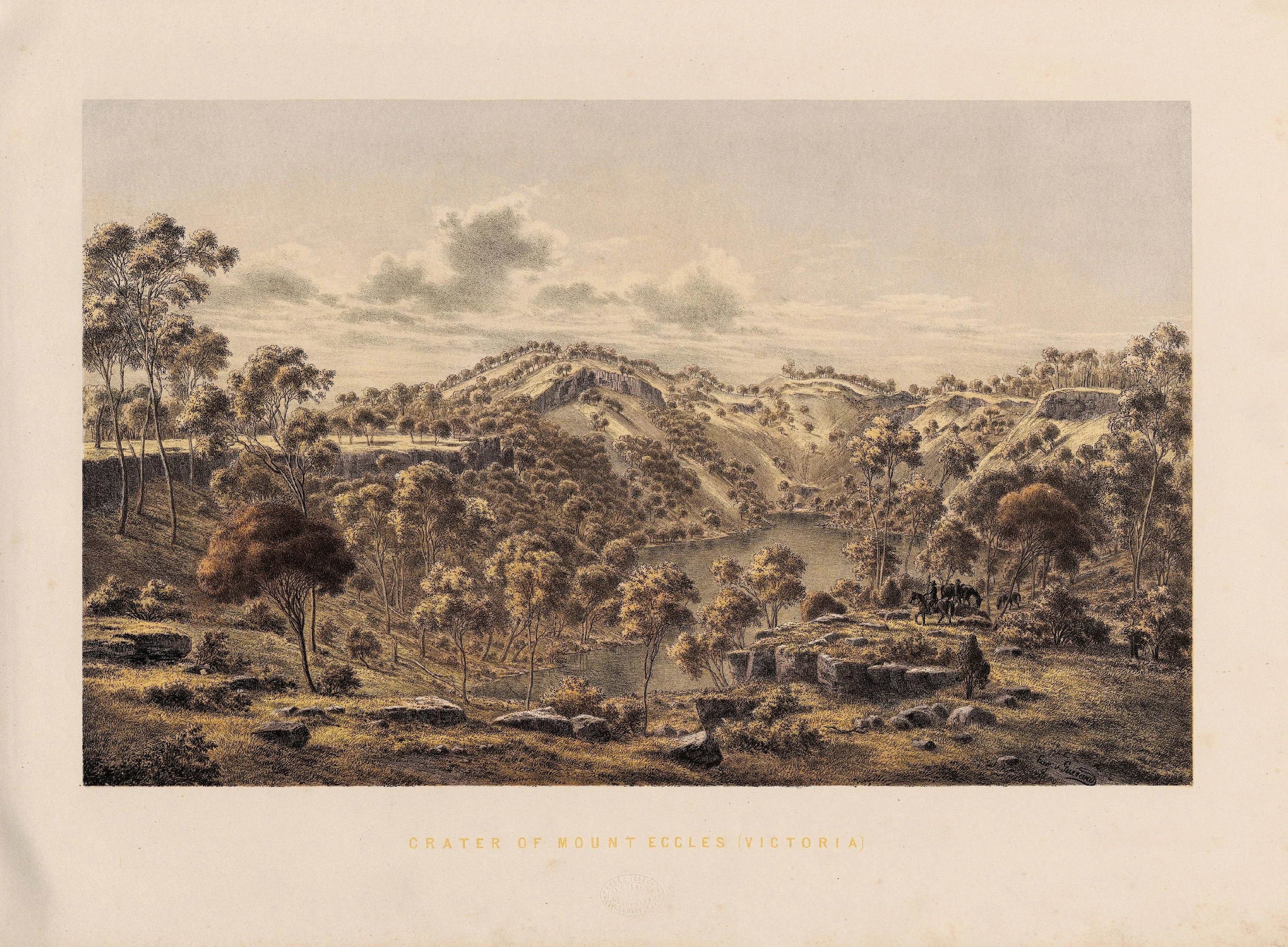 A 19th-century illustration showing the volcanic crater of Mount Eccles with a lake at the base, surrounded by trees and hilly terrain.
