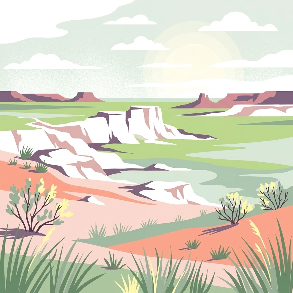 Una ilustración digital que representa un paisaje con acantilados blancos de badlands, hierba verde de pradera y arbustos desérticos dispersos bajo un cielo suave.