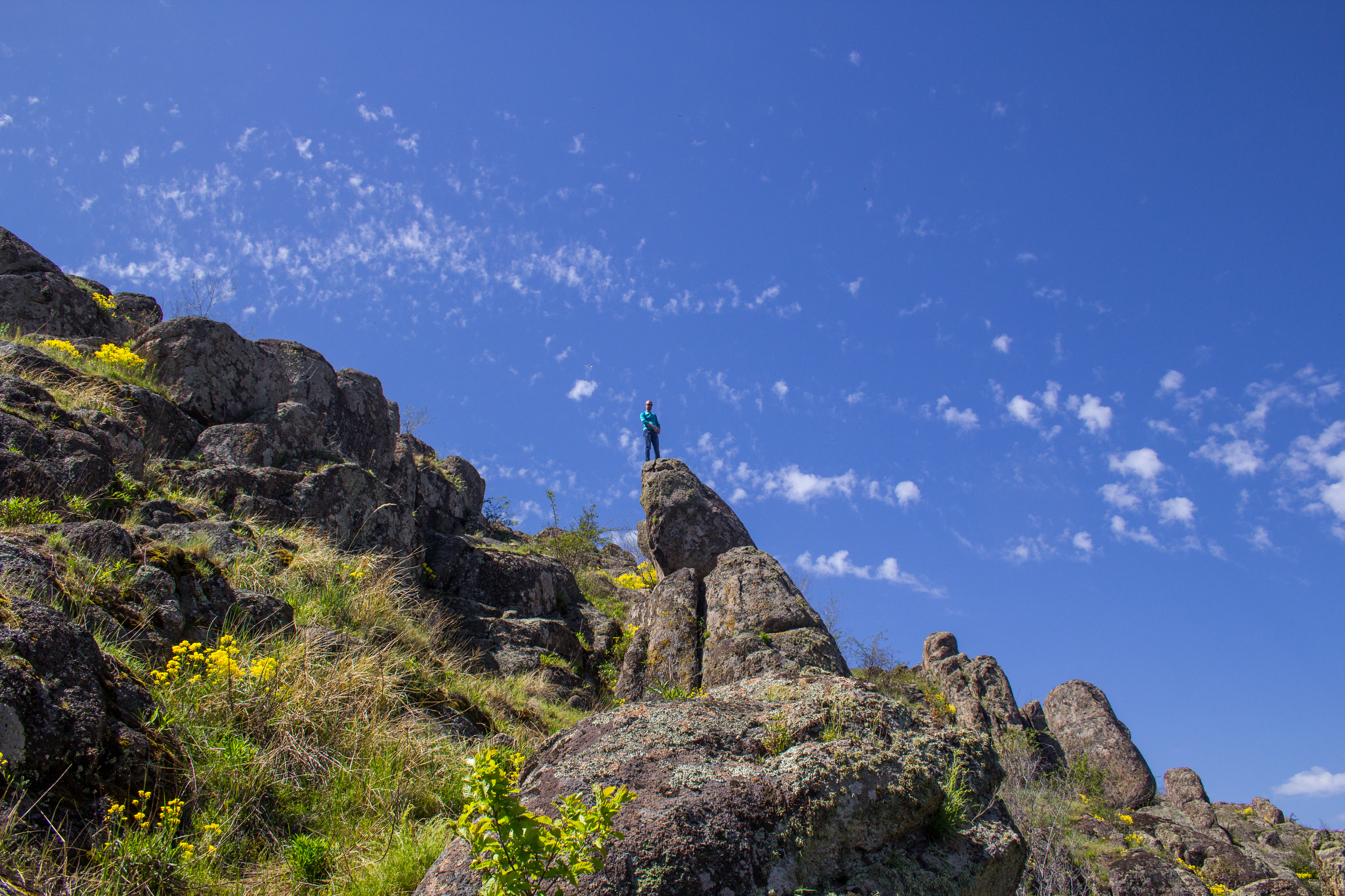 Rocky canyon landscape with a person standing on a large rock formation, yellow wildflowers, and blue sky with scattered clouds
