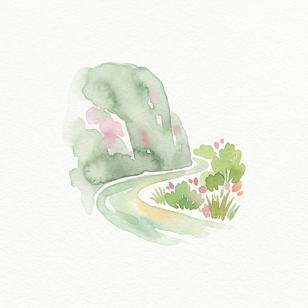 Ilustración en acuarela que muestra un camino serpenteante, árboles verdes, flores rosas y una gran formación rocosa.