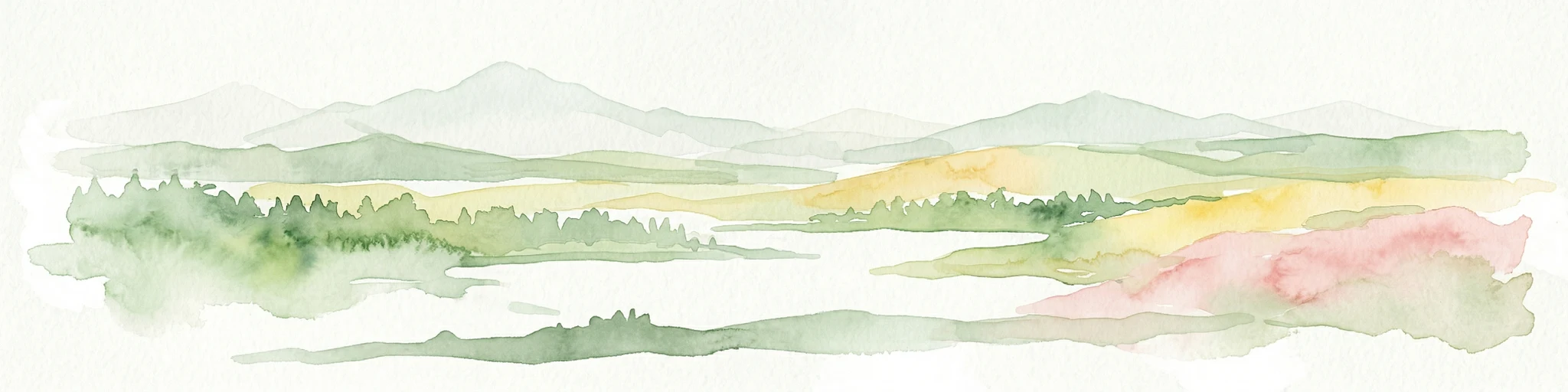 Ilustración en acuarela que muestra montañas, bosques y campos.
