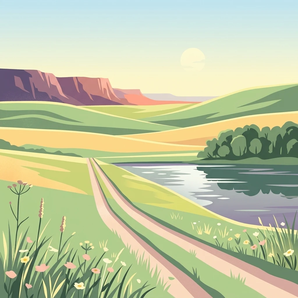 A digital illustration of a pastoral landscape featuring a dirt path winding through green and golden rolling hills toward distant rocky cliffs, with a small lake on the right and wildflowers in the foreground.