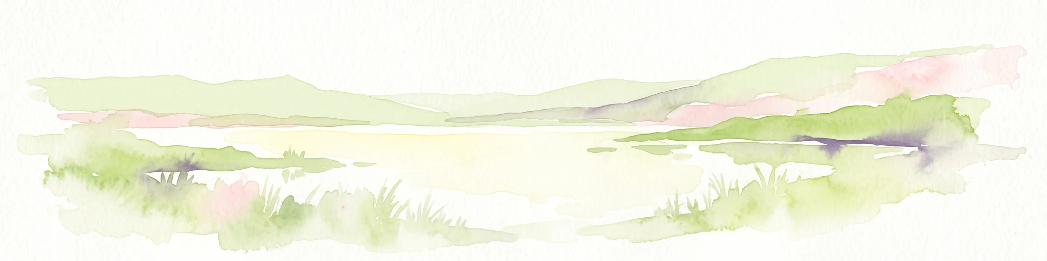 A pale, minimalist watercolor illustration of a soft, rolling landscape with light green and pink washes against a white background.