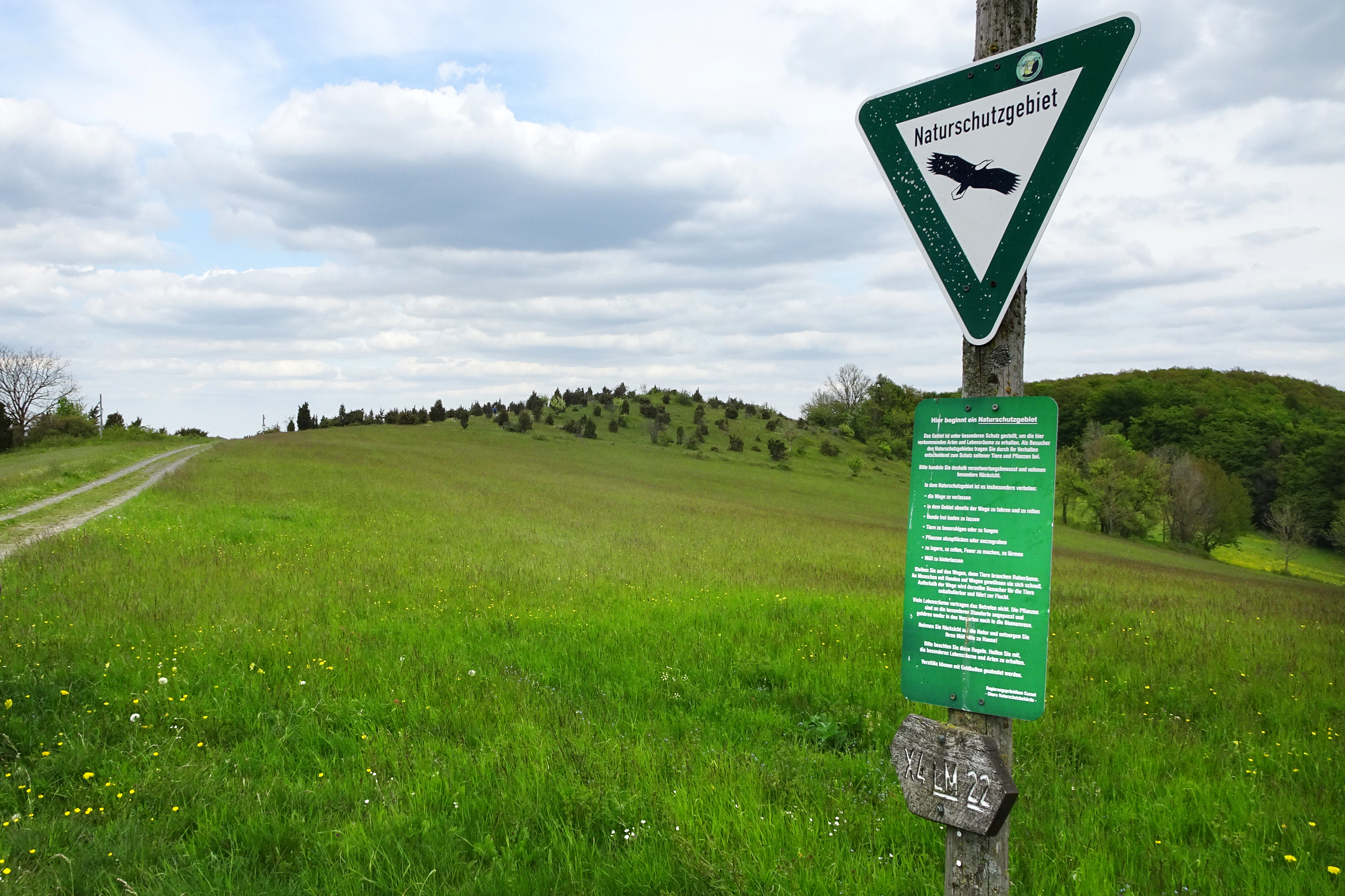 A green triangle nature reserve sign on a wooden post in the foreground, with a grassy hill and trees in the background.