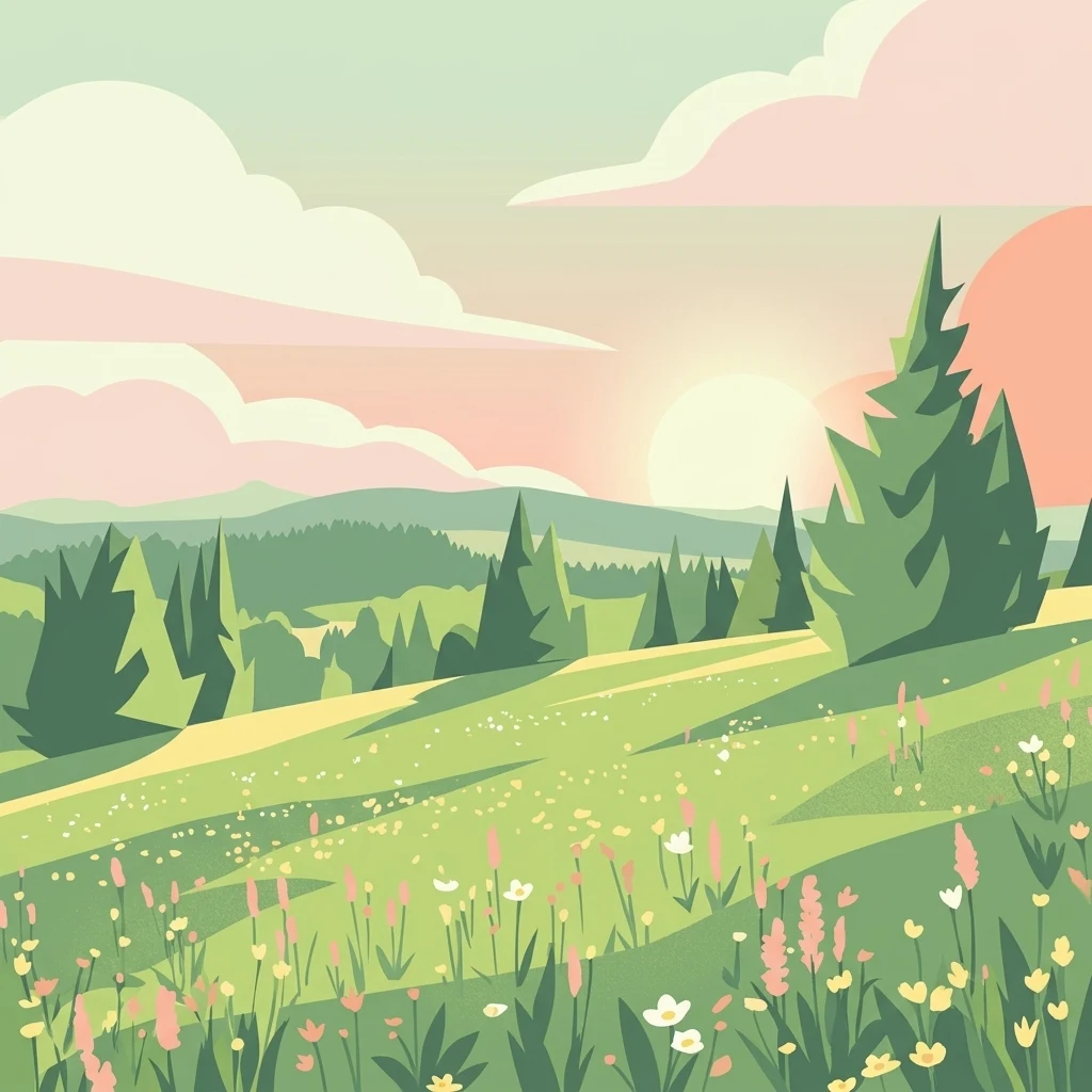 A stylized flat-art illustration showing a sunlit meadow filled with wildflowers, with evergreen trees and rolling hills in the background under a pastel sky.