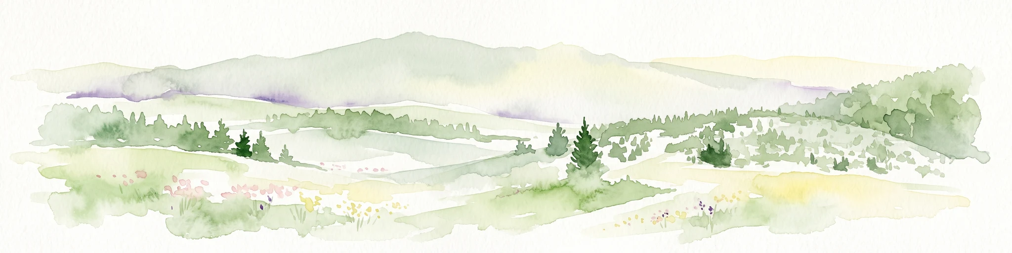 A soft, light-colored watercolor painting of a rolling hilly landscape with sparse trees and open grassy meadows.