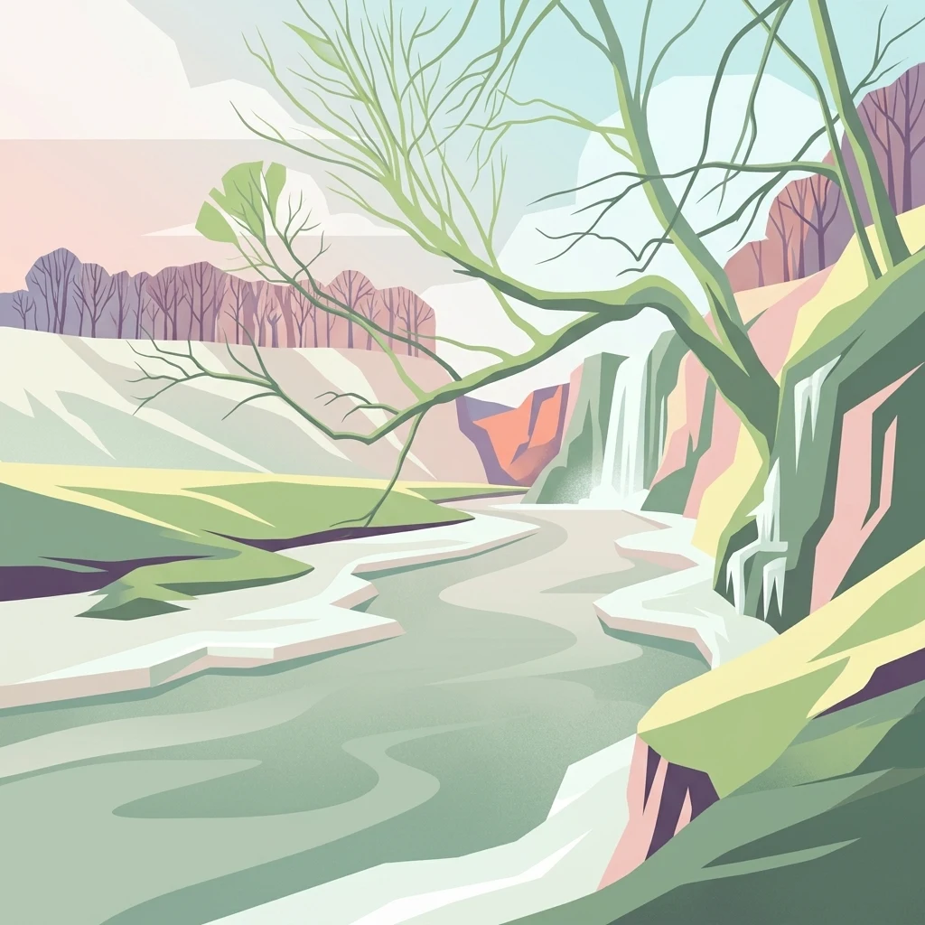 A stylized digital illustration of a river flowing through a valley with trees and steep banks, using a muted color palette of greens, pinks, and light blues.