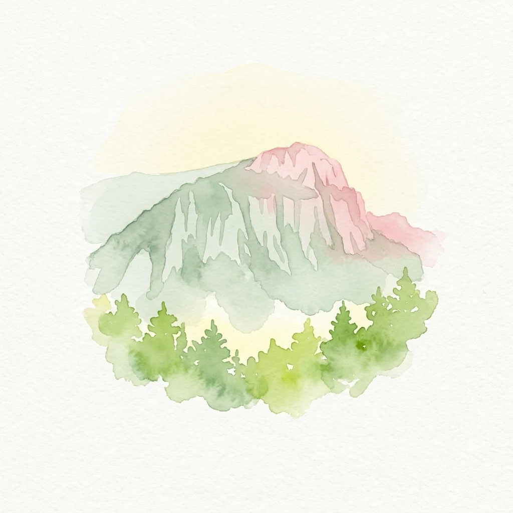 Watercolor illustration showing a mountain with green and pink hues surrounded by pine trees