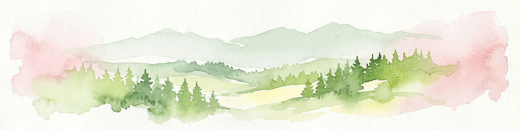 Ilustración en acuarela de un paisaje montañoso con bosques verdes, valles y montañas distantes bajo un cielo suave de color rosa y verde