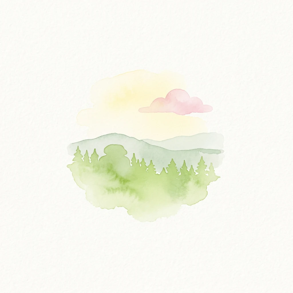 Watercolor painting of a green forested hillside under a yellow sky with a pink cloud