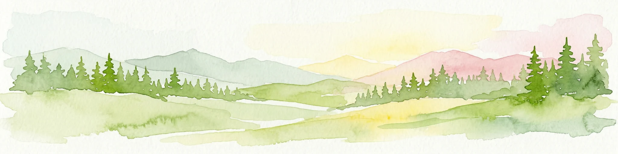 Ilustración en acuarela de un paisaje con bosques verdes, colinas onduladas y montañas distantes bajo un cielo suave