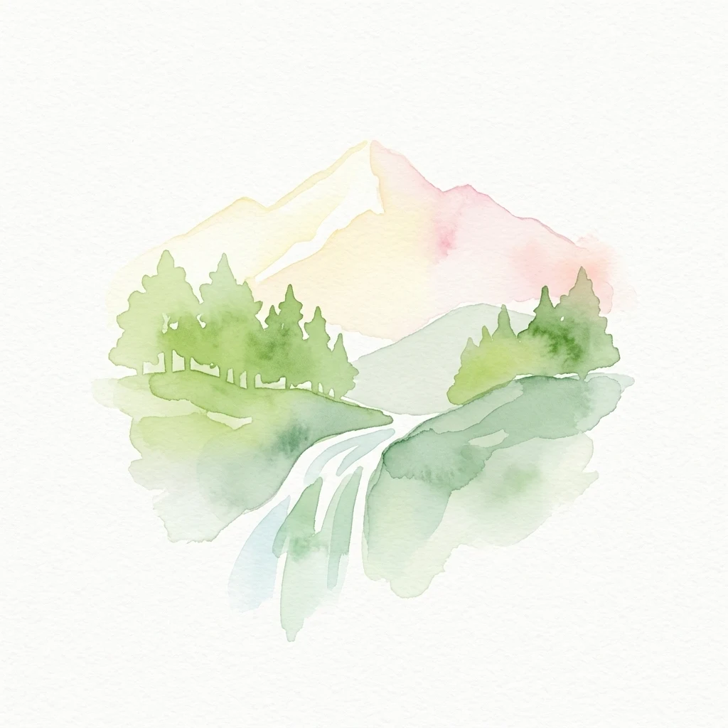 Watercolor painting depicting a mountain peak, green forest, and waterfall with reflection in water