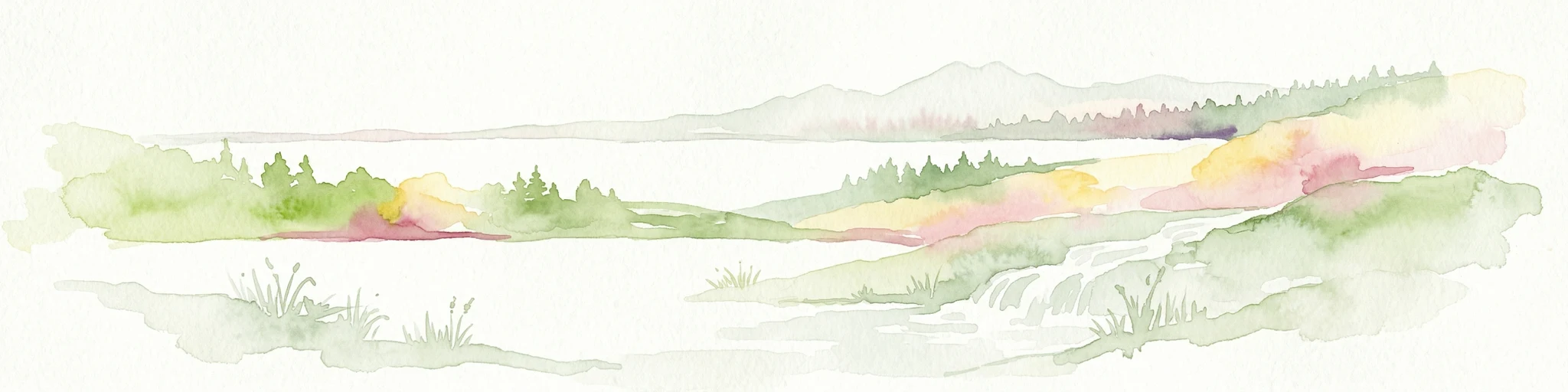 Pintura de acuarela que muestra un paisaje con colinas, una masa de agua y vegetación