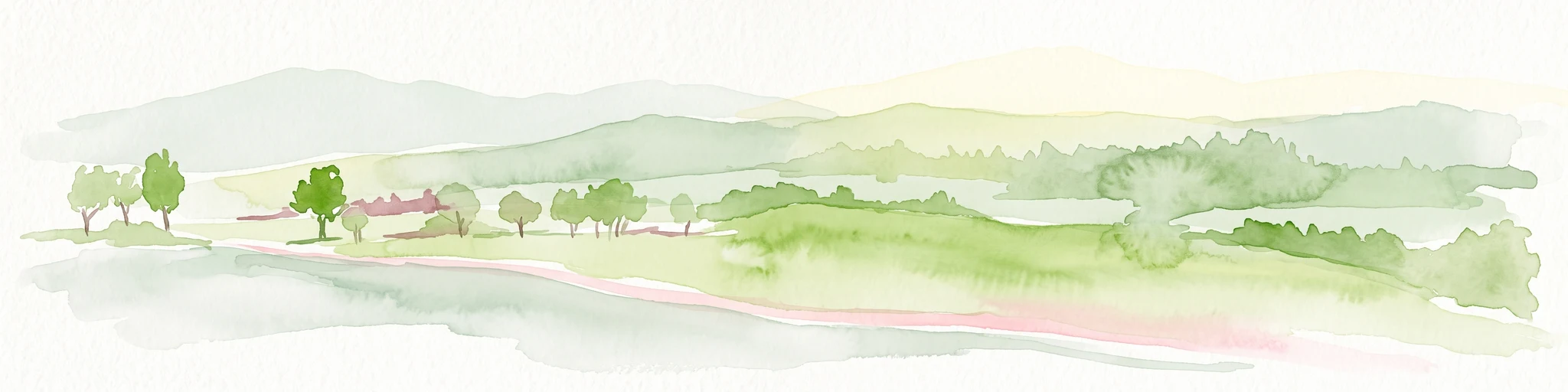Una pintura horizontal en acuarela que muestra colinas verdes onduladas, árboles dispersos y suaves siluetas de montañas a lo lejos sobre un fondo blanco.