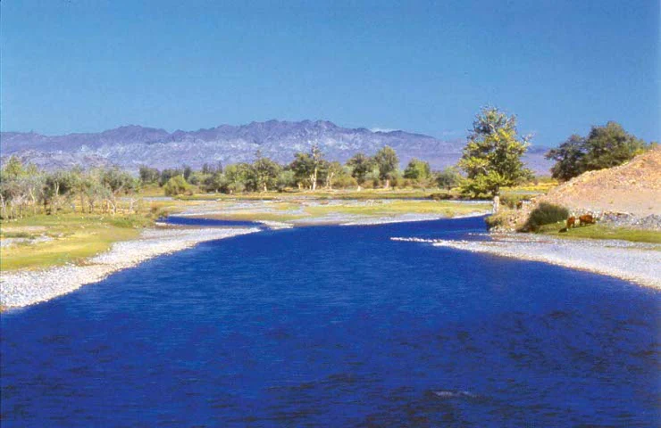 Blue river flowing through a valley with rocky banks, surrounded by grassy fields and trees, with mountains in the background under clear sky