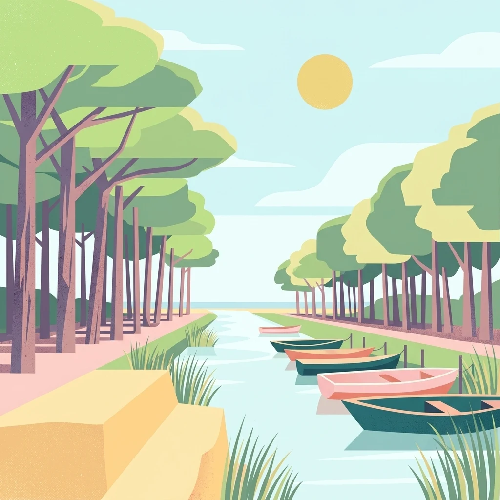 A flat vector illustration of a canal with small boats moored at the bank, flanked by tall trees under a pale sun.