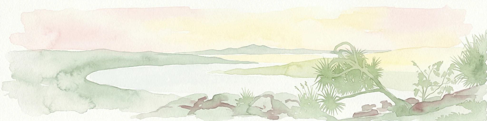 Pintura de acuarela que muestra un paisaje costero con una masa de agua, árboles y colinas distantes bajo un cielo suave de tonos pastel
