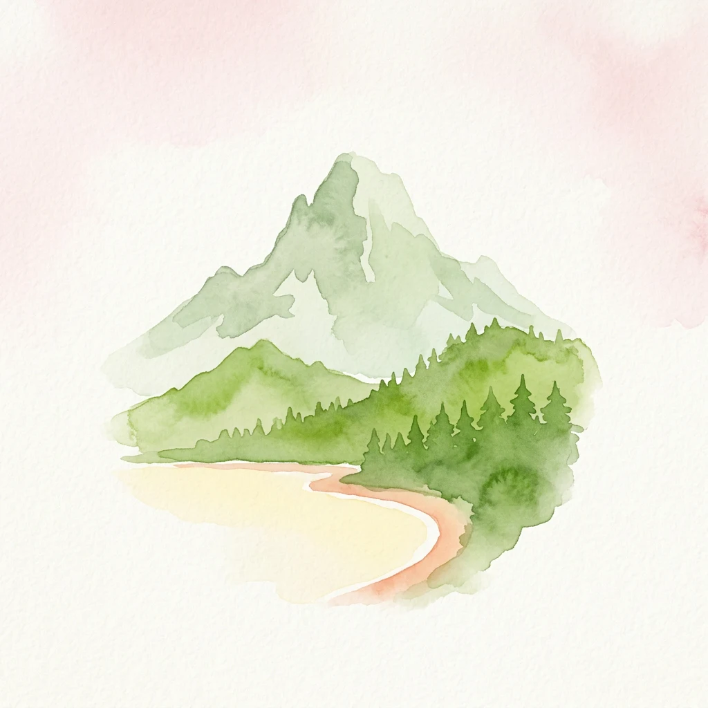 Watercolor illustration showing a mountain with forested slopes, a body of water, and shoreline