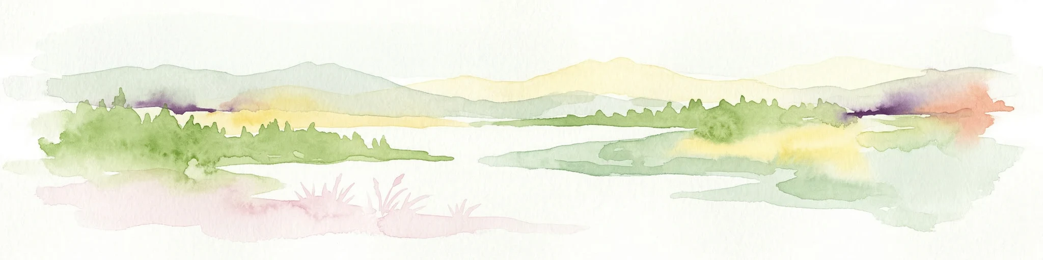 Pintura de acuarela de un paisaje con bosques verdes, colinas y una masa de agua