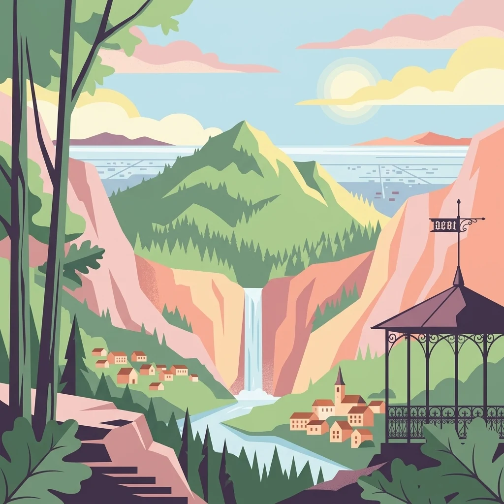 A vibrant graphic illustration depicting a mountainous landscape with a central waterfall, two small villages in the valley, a river, and a gazebo in the foreground.