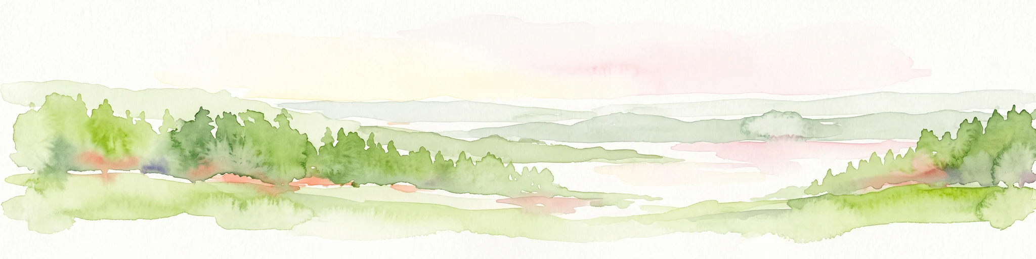 A horizontal watercolor painting showing a soft, impressionistic landscape with rolling green hills and patches of forest under a pale, muted sky.