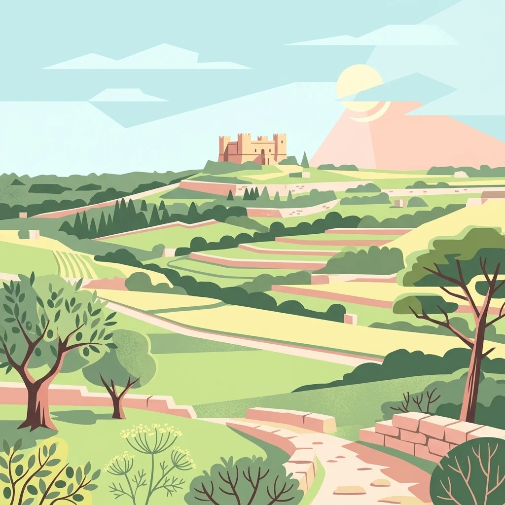 A flat-style vector illustration depicting a Mediterranean landscape with terraced hills, trees, a stone pathway, and a historic palace on a hilltop under a pale sun.