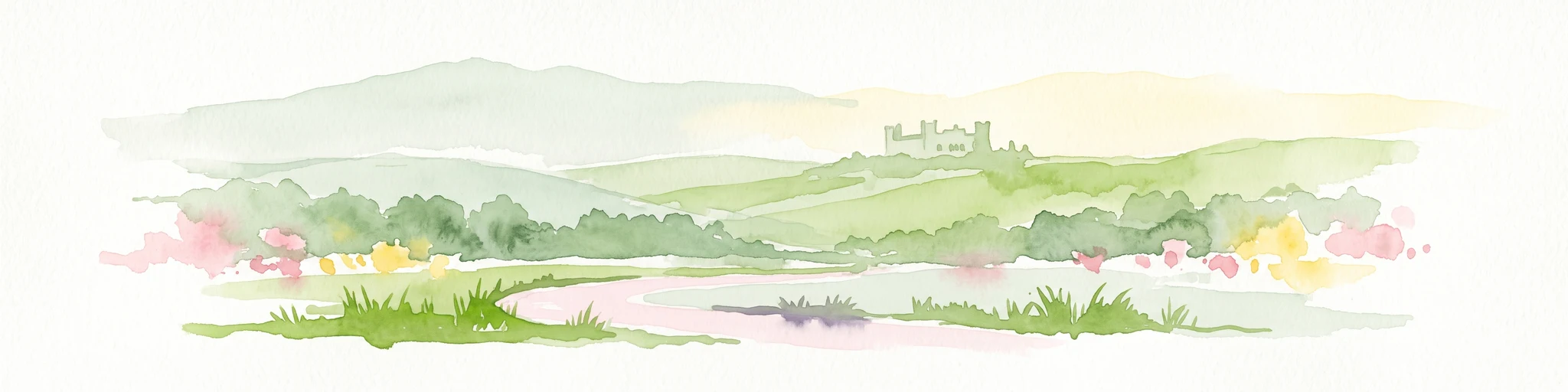 A soft, pastel-toned watercolor painting of a rolling green landscape with a small body of water in the foreground and a silhouette of a building on a hill in the distance.