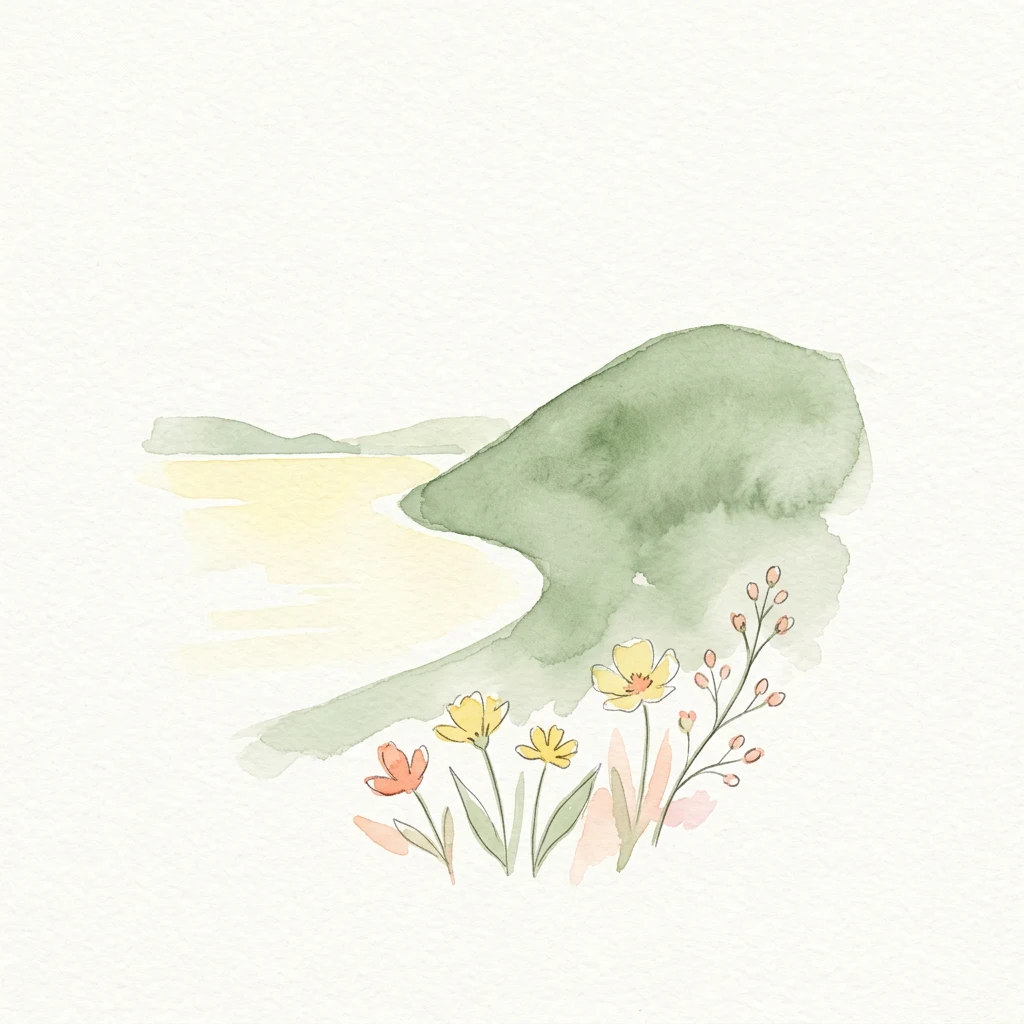 Watercolor painting depicting a green hillside, calm body of water, and colorful flowering plants