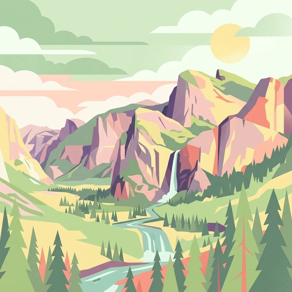 Una ilustración vectorial estilizada que muestra un valle frondoso con un río serpenteante, una cascada que cae por la ladera de una montaña, árboles de hoja perenne en primer plano y un sol brillante en un cielo de colores suaves.