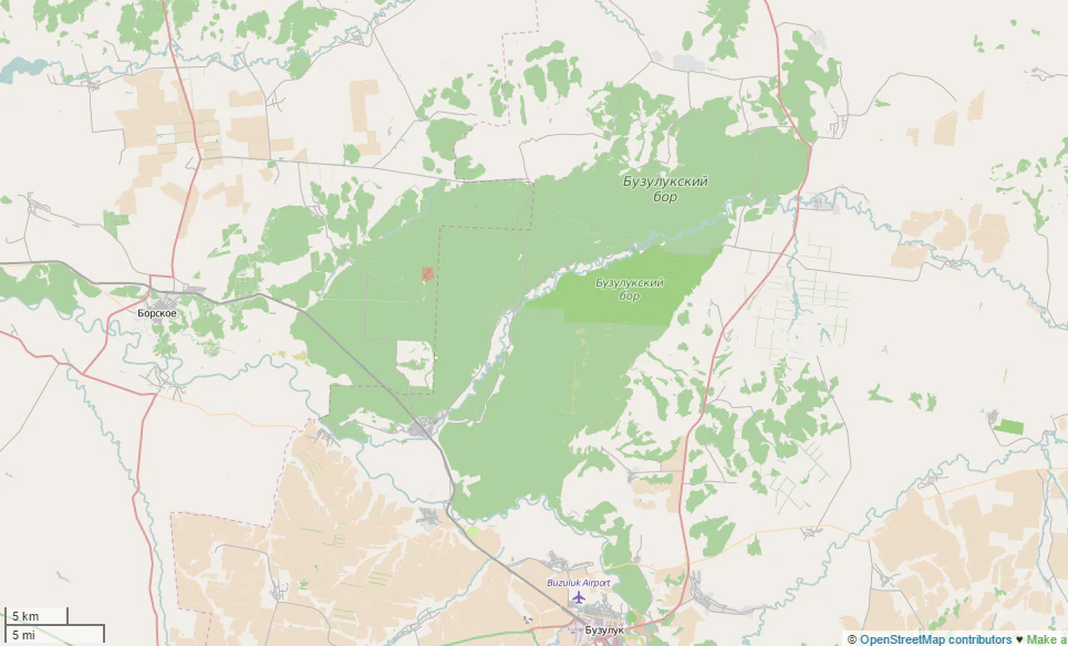 Satellite map view of Buzuluksky Bor National Park with green forested regions, surrounding steppe terrain, and road networks