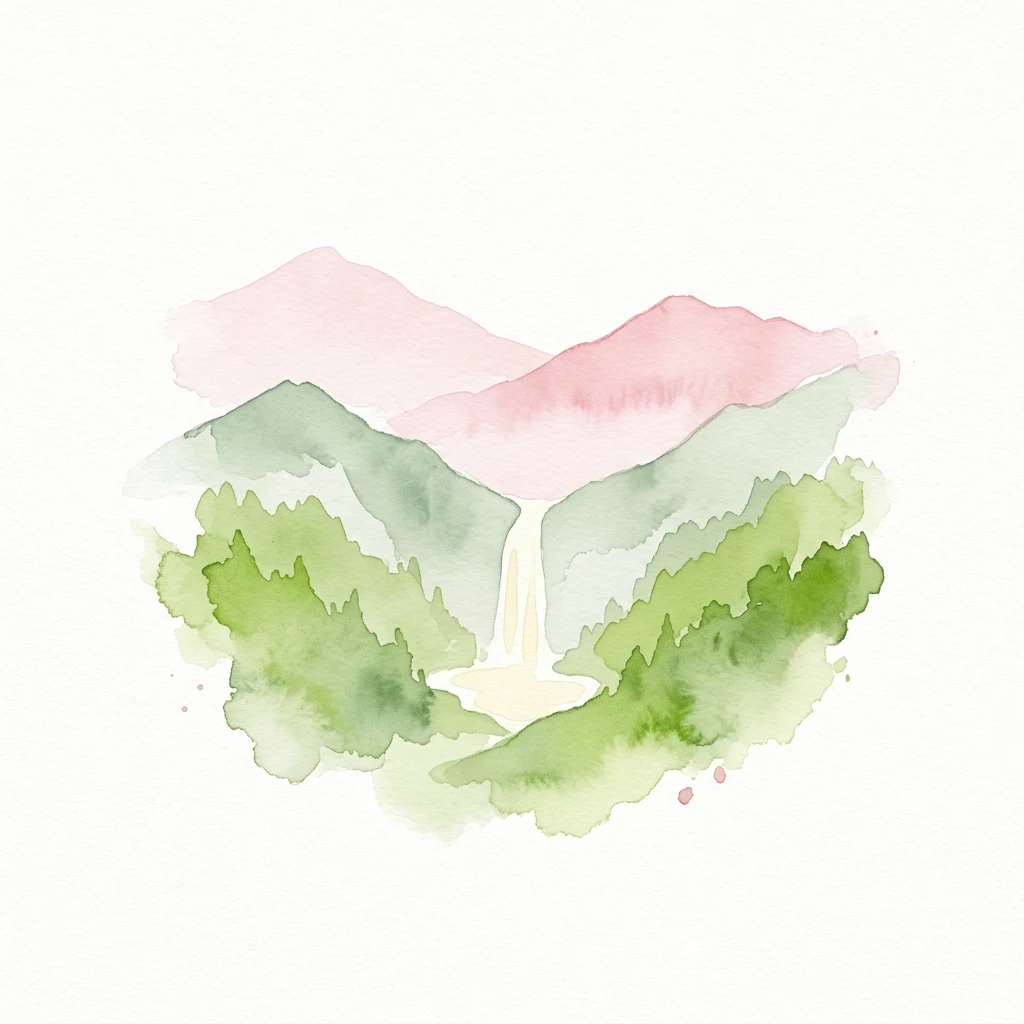 Watercolor painting of green hills, a waterfall, and pink-hued mountains.