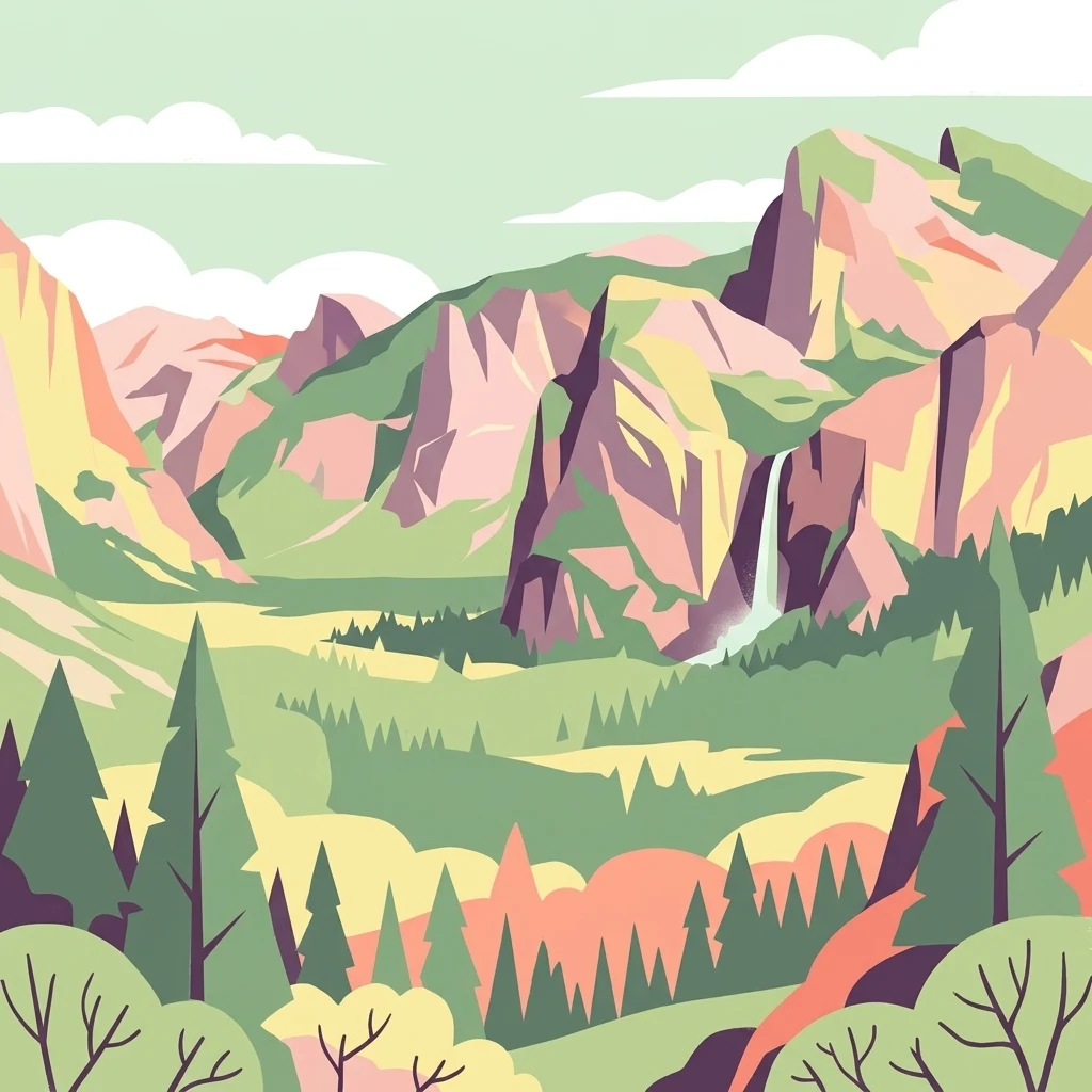 Ilustración estilizada de terreno montañoso con bosques, una cascada y un valle bajo un cielo parcialmente nublado
