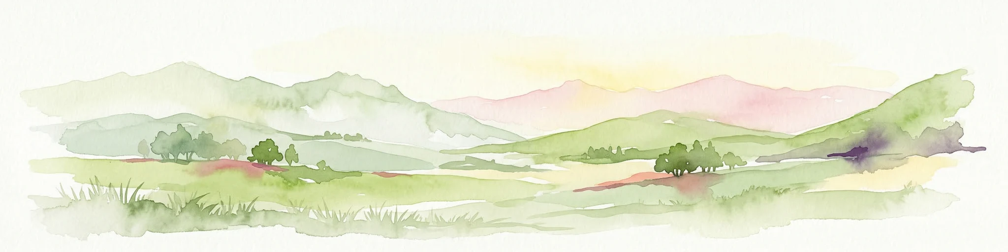 Pintura de acuarela que muestra campos verdes, árboles dispersos y montañas distantes bajo un cielo claro