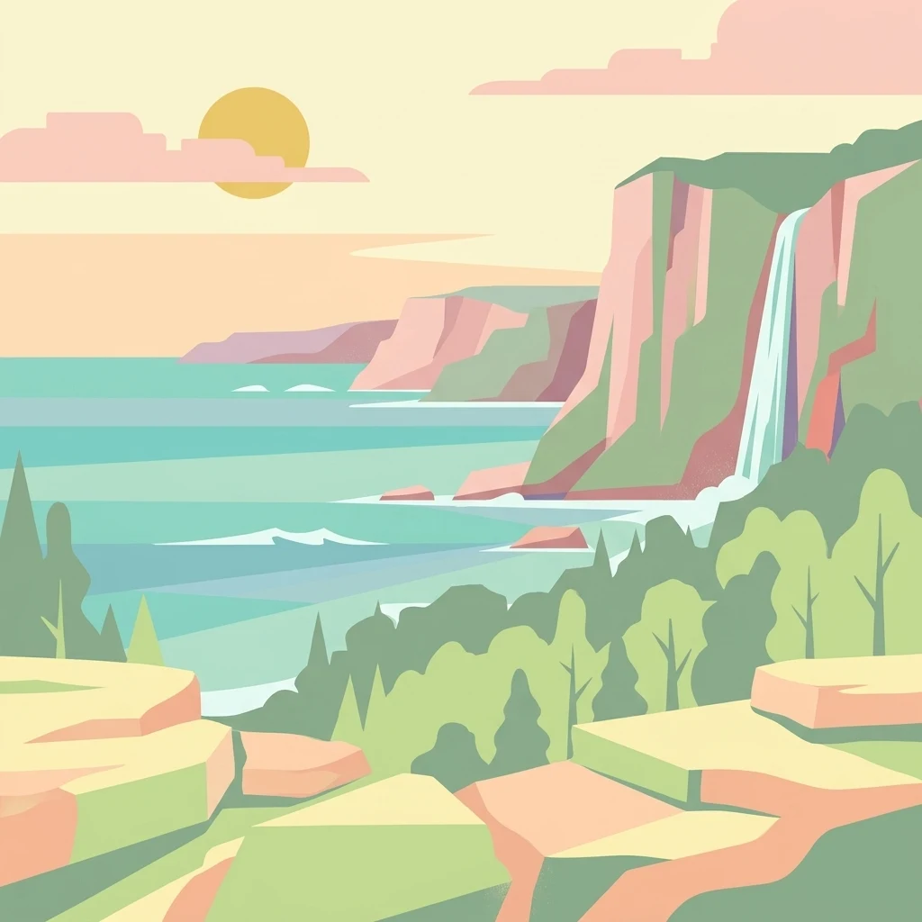 A flat-style digital illustration showing a view of a coastline with high cliffs, a waterfall cascading into the sea, and a rocky foreground under a soft sun.