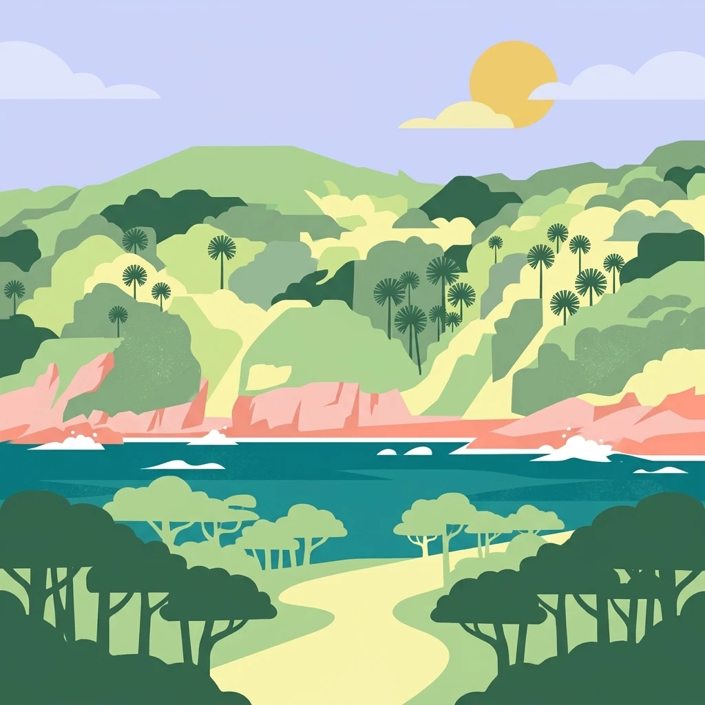 Una ilustración digital de estilo plano de la Isla Cabbage Tree que muestra un sendero que atraviesa el bosque hacia una bahía costera con terreno montañoso y palmeras al fondo bajo un cielo soleado.