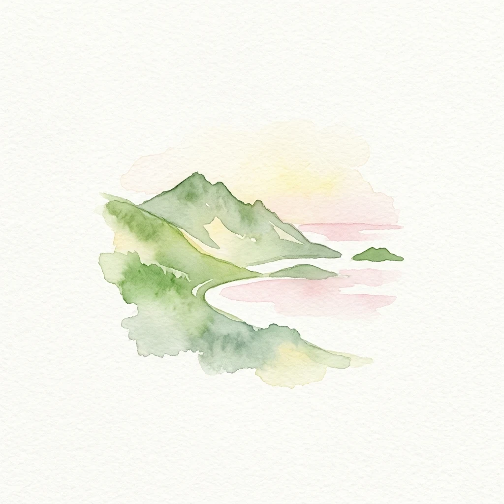Watercolor illustration showing green mountains by the sea with pink sunset sky