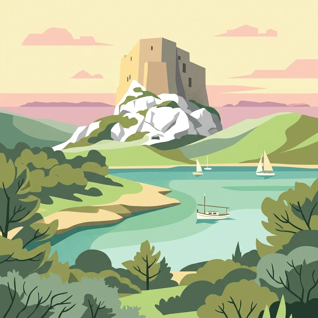 Ilustración estilizada de un paisaje costero con un castillo de piedra sobre terreno rocoso, con una masa de agua, veleros y colinas verdes