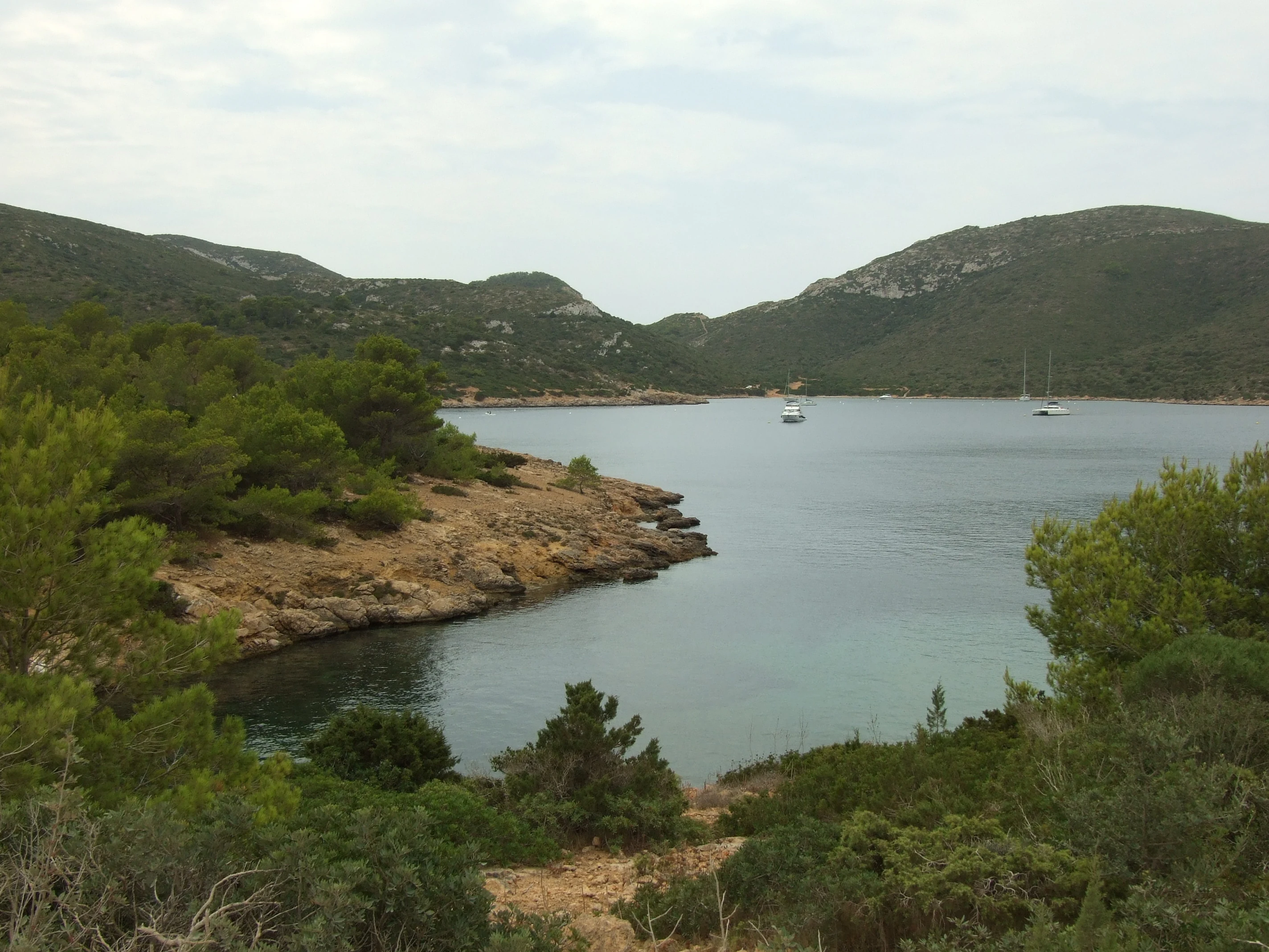 Rocky coastline with calm blue water surrounded by green hills and vegetation