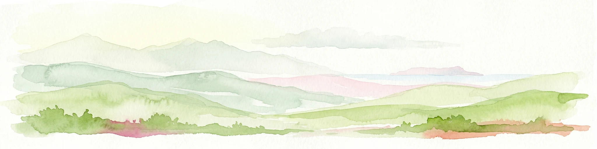 Watercolor painting showing green hills, mountain ranges, and soft pastel skies