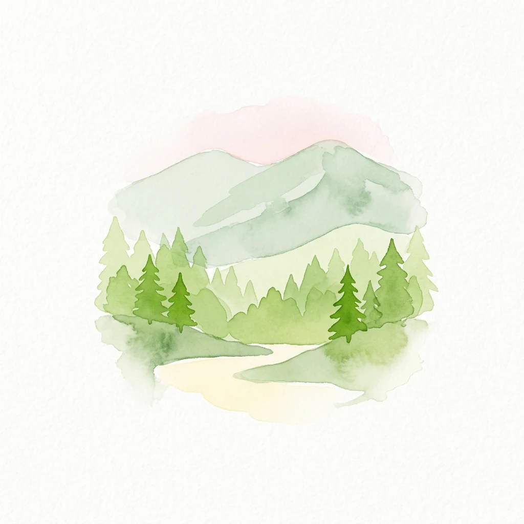 Watercolor illustration of mountains, forest, and a winding path