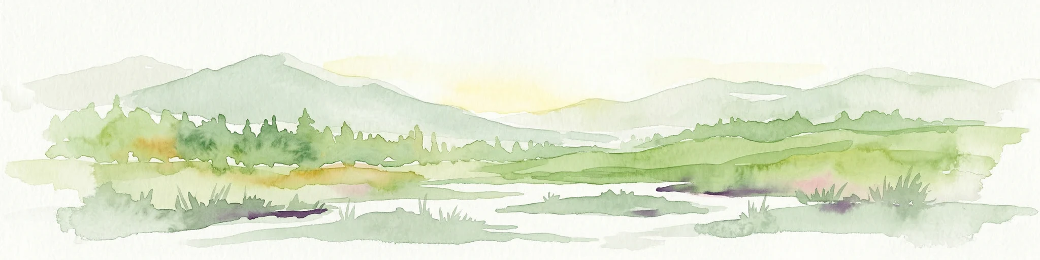 Watercolor painting depicting mountains, forested hills, and a river in a scenic landscape